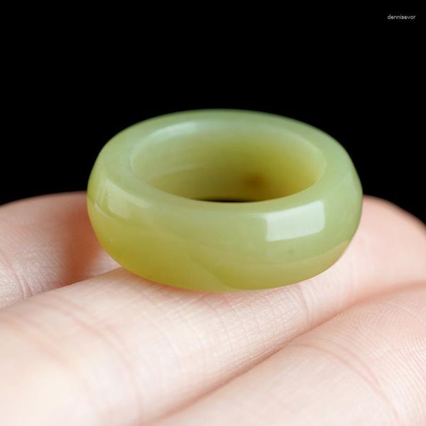 Cluster Rings Naturalreal Green Yellow Hetian Jade Ring Handmade Sculpture Simple Women Party Wedding Jewelry Gift For Men