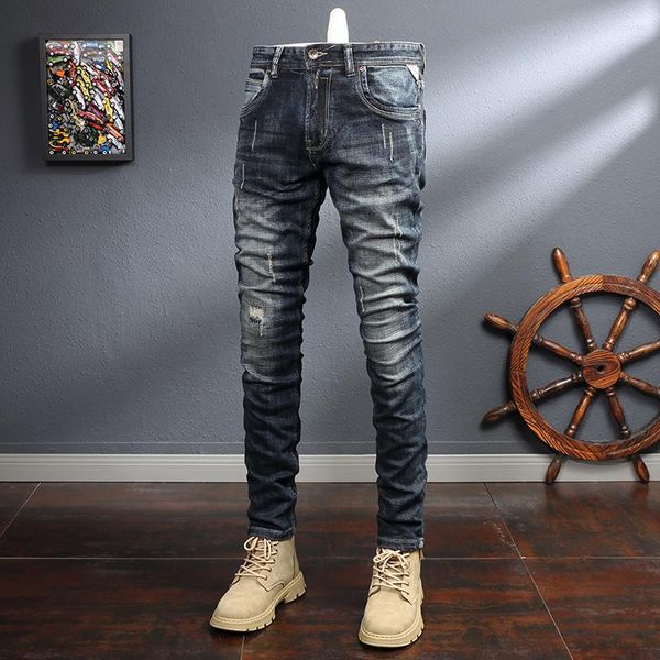 Jeans da uomo Stile italiano Moda Uomo Retro Nero Blu Elastico Slim Fit Strappato Designer vintage Pantaloni casual in denim Hombre