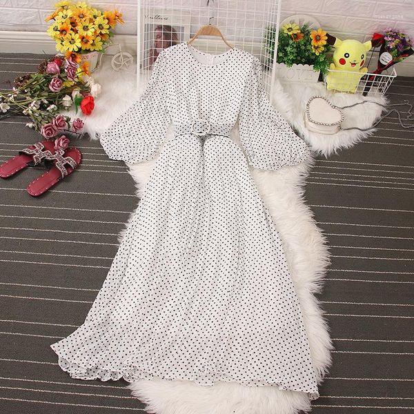 Casual Kleider Langarm Frau Party Nacht 2023 Frühling Herbst Vintage Dot Schlank A-linie Temperament Elegante Robe Longue Femme