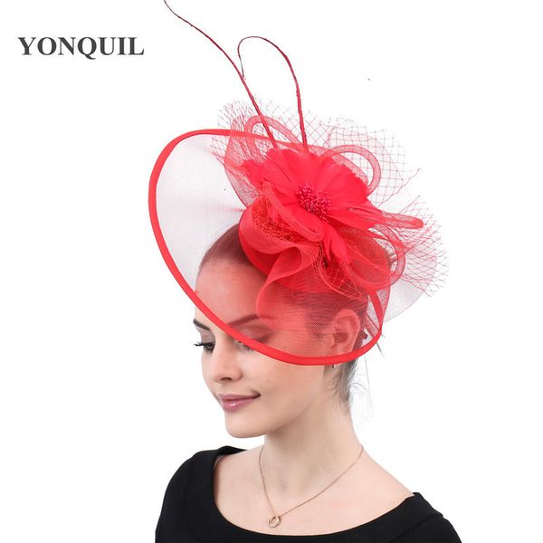 Chapéus de Aba Larga Bucket Kenducky Red Big Fascinator Senhoras Elegante Igreja Festa de Casamento Coquetel Grampos de Cabelo Acessórios de Malha 230801