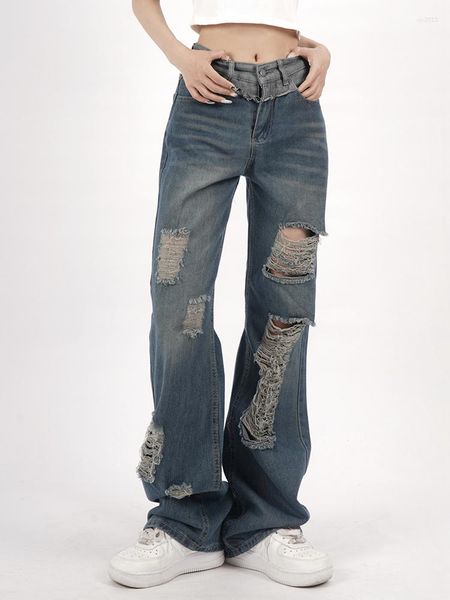 Jeans feminino Americano Vintage Screens largo rasgado para mulheres 2023 High Streetwear Harajuku Calças jeans casuais de perna larga
