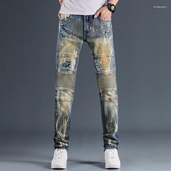 Jeans da uomo Spliced Motorcycle Heavy Craft Nostalgia Pantaloni in denim elasticizzato a gamba dritta con taglio rotto