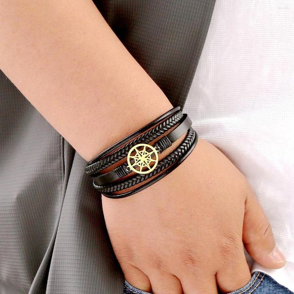 Braccialetti con ciondoli Trend Fashion Bracciale in pelle per uomo Bussola originale Fibbia magnetica da uomo in acciaio inossidabile intrecciata a mano