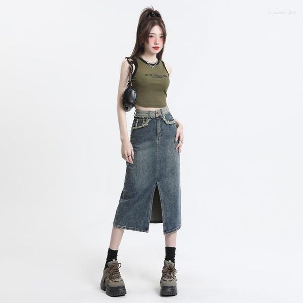 Юбки 2023 красивая твердая повседневная джинсовая юбка для девушек с высокой талией средняя длина модная уличная тенденция ins slit pencil