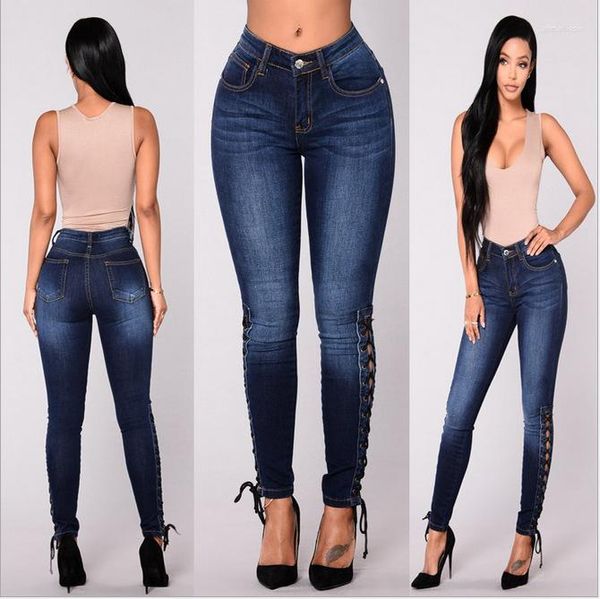 Jeans da donna 2023 Vita alta Dark Skinny Fashion Versatile Pantaloni con lacci Little Foot