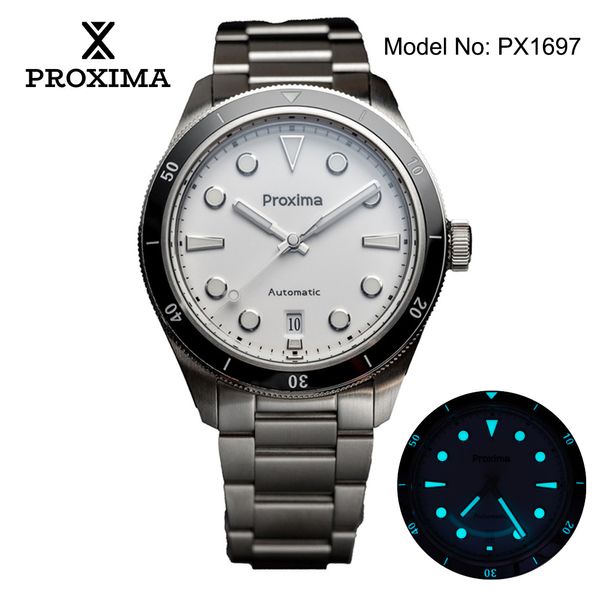Relógios de Pulso Proxima PX1697 39mm Relógio Masculino Branco Esmaltado Mostrador Bolha Safira PT5000 SW200 Automático Mecânico Relógios Antigos 20Bar Luminoso 230731