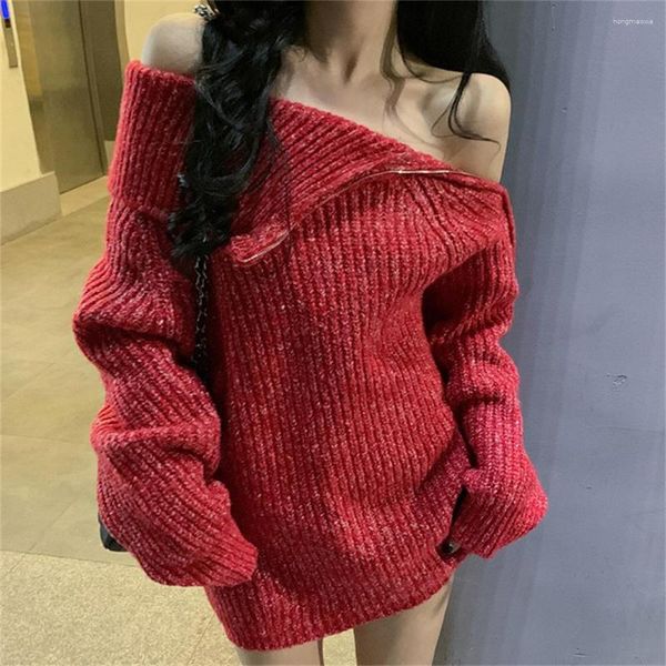 Lässige Kleider PLAMTEE Roter Pullover Minikleid Damen Jahre ohne Gürtel Chic Sanfte lockere gestrickte tägliche Winterpullover schulterfrei