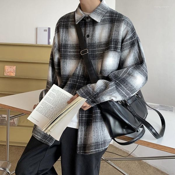 Camicie casual da uomo Camicia di lana primaverile Moda uomo Vintage Plaid Streetwear Cappotto di lana da uomo allentato coreano a maniche lunghe M-2XL