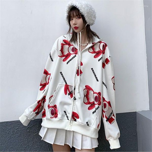 Giacche da donna Donna Autunno Cappotti con cappuccio allentati Giapponese Harajuku Simpatico orso Stampa Capispalla Ragazza Primavera Giacca oversize Abiti autunnali per