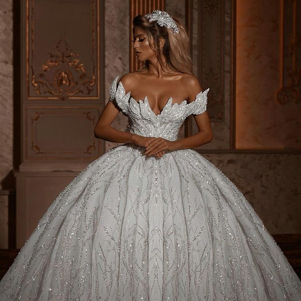 Abiti da sposa con scollo a barchetta e spalle scoperte glitterate 2021 Abiti da sposa senza schienale luccicanti di lusso con strascico lungo vestidos de novia robe ma277h