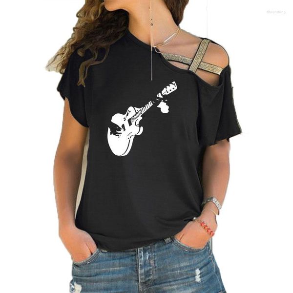 Magliette da donna Creative Art Guitar Tee Shirt DIY Musical Funny Women Tumblr Fashion Irregular Skew Cross Bandage Style Top
