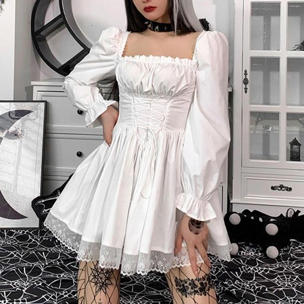 Lässige Kleider Puffärmel Quadratischer Ausschnitt Lolita Vintage Kleid Bandage Empire Taille A-Linie Mini Spitzenbesatz Cosplay Party Punk Gothic