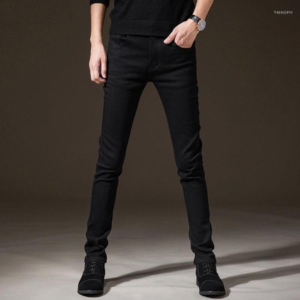 Jeans da uomo neri stile coreano semplice slim fit skinny estate sottile stretch foro in una linea pantaloni di marca alla moda