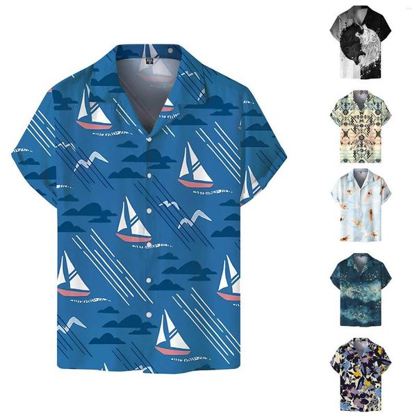 Camisas Casuais Masculinas Grandes e Altas Verão Férias Turismo Praia Moda Tendência Lazer 3D Digital Manga Longa Scrub Undershirt