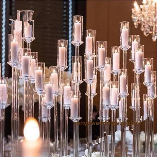 Decoração de festa inteiro 10 braços de haste longa moderno tubo de acrílico transparente furacão suportes de vela de cristal centro de mesa de casamento 282h