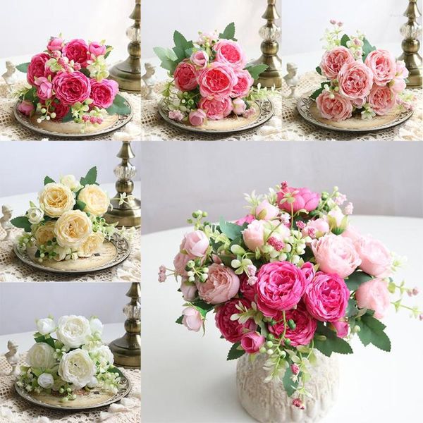 Flores decorativas linda rosa peônia seda artificial pequeno buquê branco 9 cabeças festa casamento inverno falsos decorações para casa