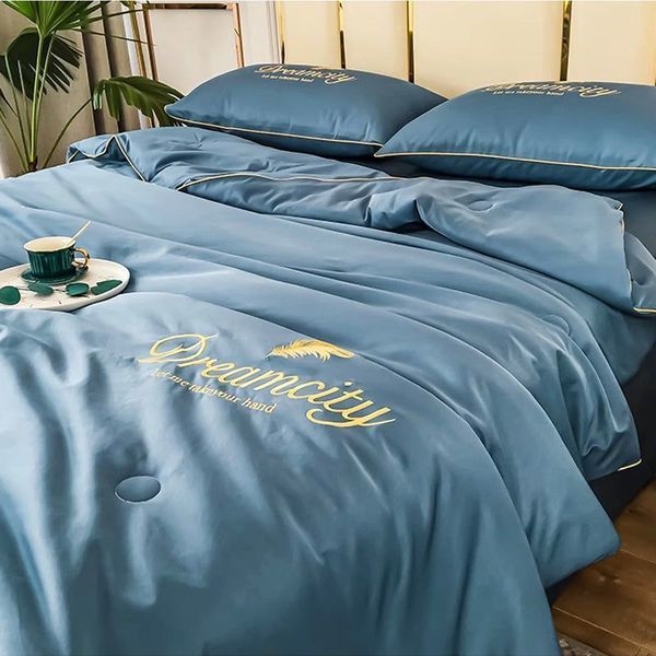 Conjuntos de roupa de cama bordados de luxo verão simples colcha de seda fresca gelo respirável colchas queen edredons conjuntos de edredom rayon 230731