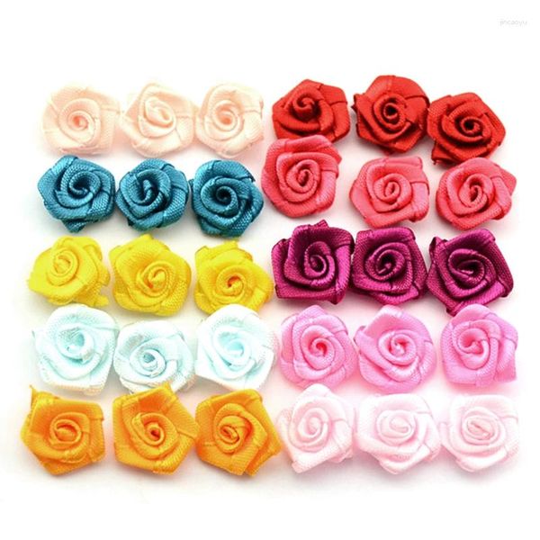 Accessori per capelli 100 pezzi Mini fiori in tessuto per artigianato Fiocchi in nastro rosa multicolore Piccole coccarde Cucito fai da te Appliques Mano A