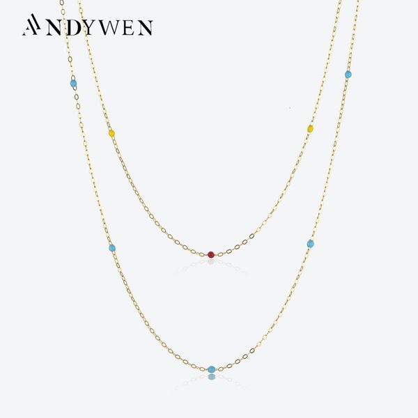 Fili Strings ANDYWEN Argento sterling 925 Primavera Arcobaleno Turchese Smalto Charm Perline Girocollo Collana a catena lungaThin Definite Fine Jewels 230801