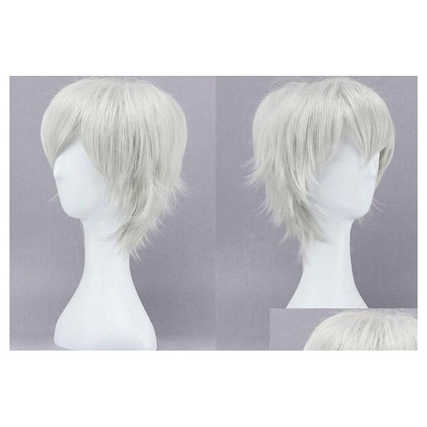 Outros artigos para festas Tokyo Gho Cosplay Wig Guru Ken Kane Sier Branco Curto Fibra Reta Peruca de Cabelo Traje de Halloween Dr Dhzzt