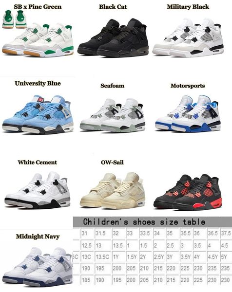 Kids Baby Big Kid Basketball Shoes 4S 4S SB Pine Green Black Cat Midnight Navy Sail White Criano Infantil Garotos Crianças Juventude Tênis Júnior