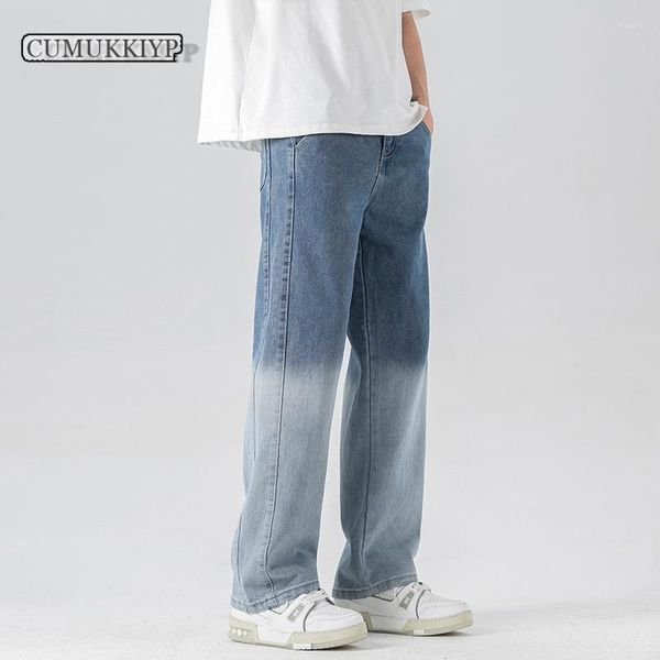 Jeans da uomo CUMUKKIYP Gradient Gamba larga Loose Fit Straight High Street Fashion Pantaloni larghi in denim Uomo Nero Blu