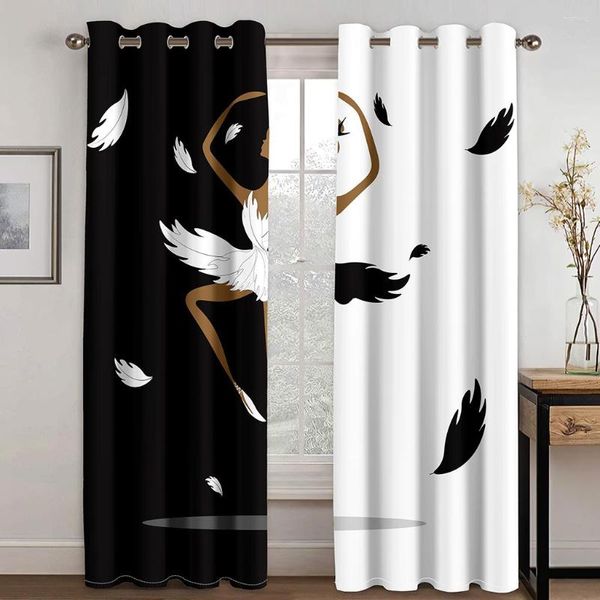 Cortina 3D Moderna Elegante Preto Branco Clássico Luxo Dance Girl 2 Peças Sombreamento Janela Para Sala De Estar Quarto Decoração Vara Bolso