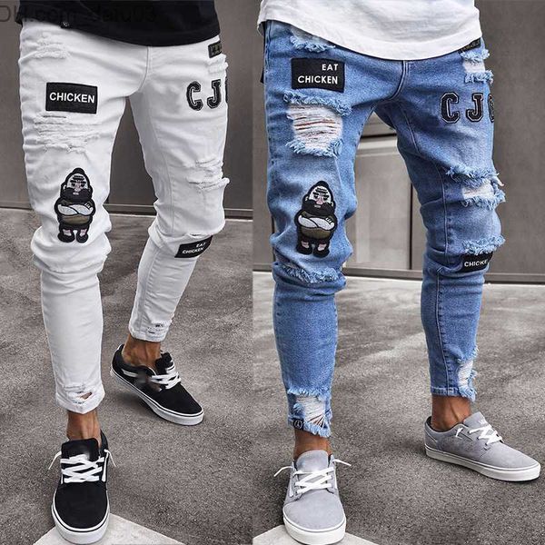 Jeans Masculino Jeans Masculino Stretchy Rasgado Jeans Skinny Biker Bordado Estampado Destroyed Hole Taped Slim Fit Denim Jeans Riscado Calças Masculinas Z230801