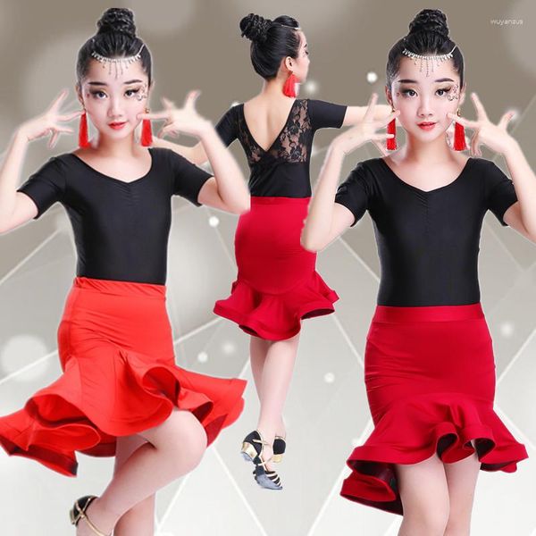 Stage Wear Girl Child Children Modern Ballroom Latin Dance Dress Red Salsa Tango Black Performance