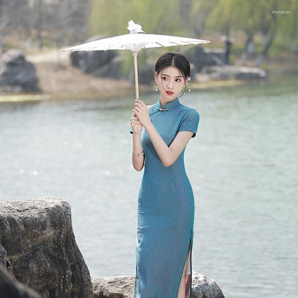 Ethnische Kleidung Sommer Hoher Schlitz Lang Blau Sexy Cheongsam Elegantes Vintage Chinesisches Traditionelles Stil Abendkleid Modernes Qipao Für Frauen