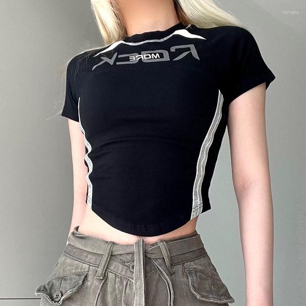 Damen T-Shirts Y2K Punk Mode Frauen T-Shirt Slim Fit Brief Drucken Biker Crop Top Harajuku Koreanische Casual Tee Tops Goth Streetwear 2023