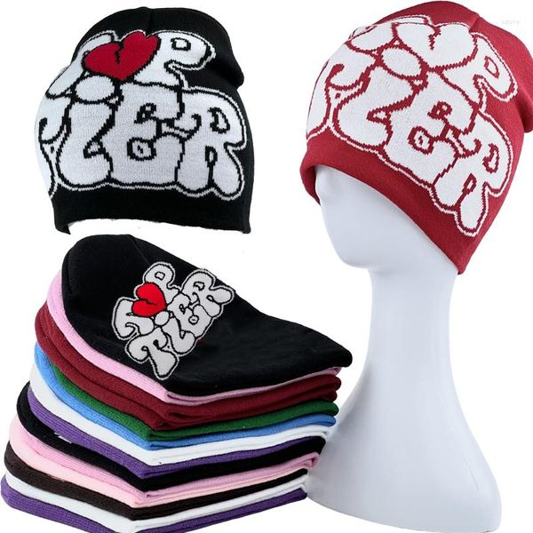 Berets Frauen Mädchen Y2K Beanie Hut Für Herbst Frühling Winter Stricken Schädel Kappe Lustige Buchstaben Jacquard Kpop Koreanische Stil Hüte