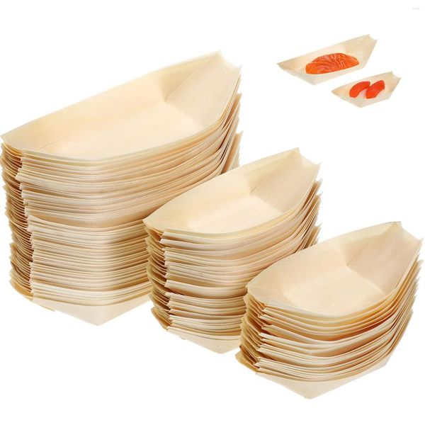 Set di stoviglie 100 pezzi in legno Kayak Sushi Boat Vassoi usa e getta Salumi marini Coni Sashimi Piatti da portata per bambini