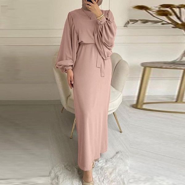 Ethnische Kleidung 2023 Muslimische Frauen Kleid Mode Laterne Ärmel Bündel Taille Wrap Hüfte Rundhals Robe Stil Slim