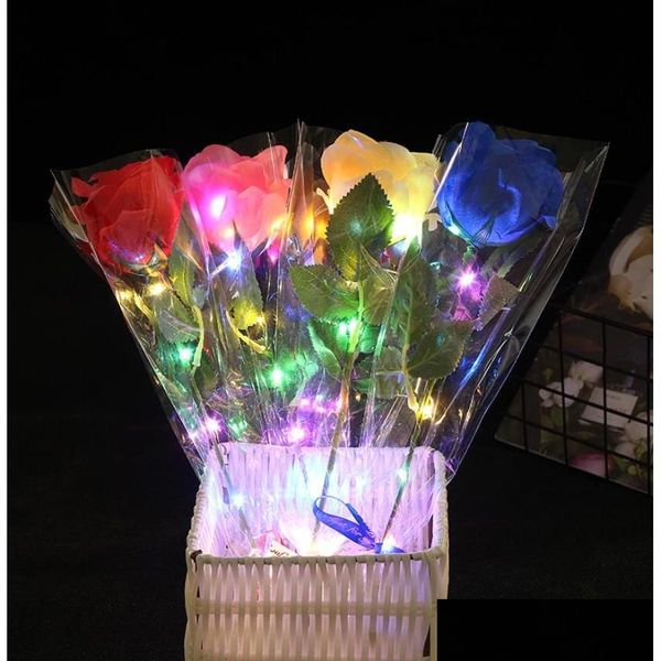 Party-Dekoration, leuchtende künstliche Rosen, Blumen, LED-Licht, langer Stiel, gefälschte Seidenrose für DIY-Blumenstrauß, Tischdekoration, Heimatmosphäre, Dhrkj