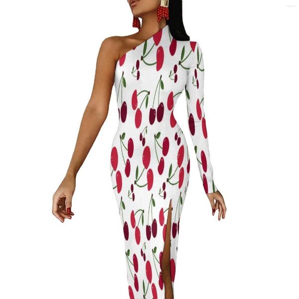 Lässige Kleider, figurbetontes Kleid mit frischem Fruchtdruck, niedliches Kirschmuster für Damen, Kawaii, Maxi, lange Ärmel, Street-Style, Geschenkidee