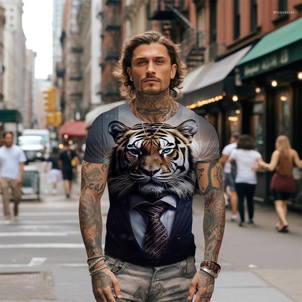 Erkek Tişörtleri Yaz -Shirt Tiger Bir takım elbise giyiyor 3d baskılı boş zaman ve komik moda