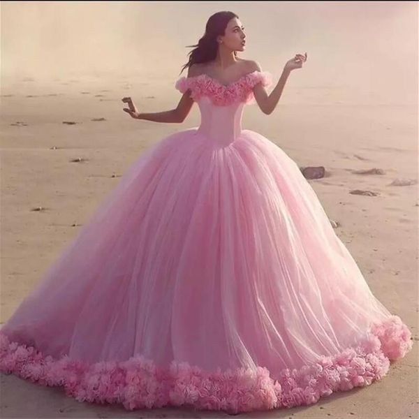 2020 Vestidos de Noiva Rosa Princesa 3D-Floral Apliques Grandes Fofados Vestidos de Noiva Modestos Manga Curta Plus Size Vestido de Noiva Vestidos de Noiva253M