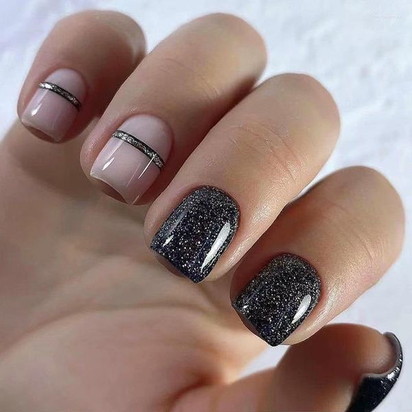 Unghie finte 24 pezzi corti quadrati neri glitter nail art francese stampa su punte rimovibili a copertura totale finte manicure fai da te