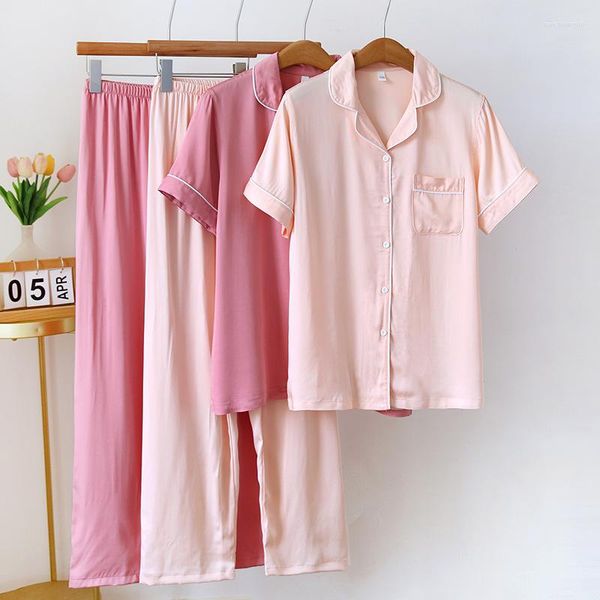 Roupa de dormir feminina Oferta especial por tempo limitado Conjunto de pijama de alta qualidade Cetim sedoso Casual Rosa Algodão Viscose