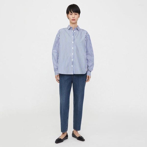 Camisetas Femininas 23 Anos Sueca Niche Lazy Casual Frio Silhueta Listrada Camisa Bordada Azul E Branco Tops Manga Comprida