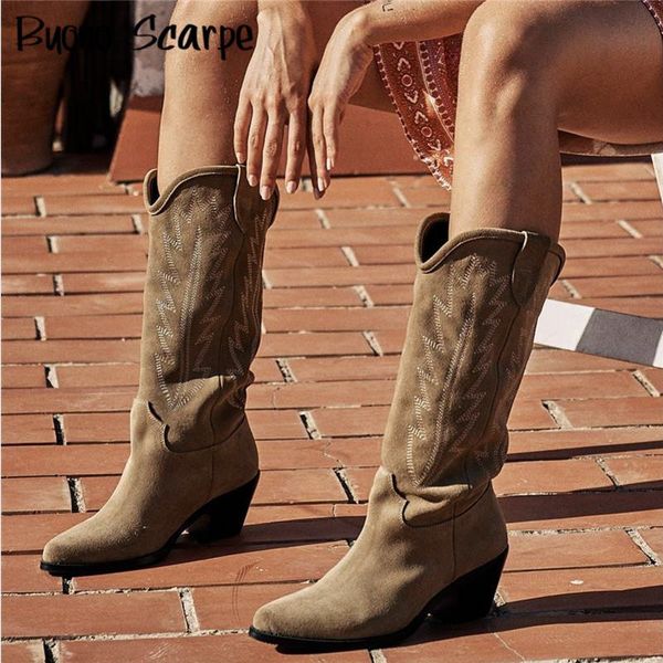 Botas Bordadas Camurça Natural Botas Femininas Couro Feito à Mão Bico Bico Salto Alto Botas Outono Inverno Botas Cowboy Western Retro Botas 230801