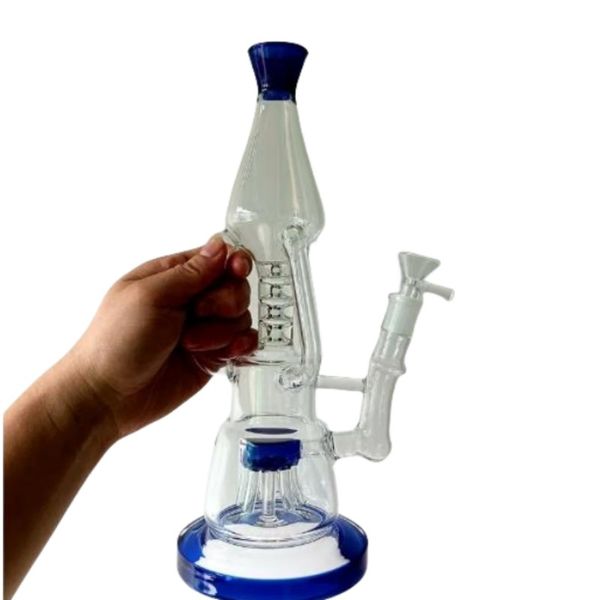 Narghilè Bong in vetro blu da 16 pollici con albero del braccio Double Perc Delicate Dab Rig Tubi da fumo da 14 mm