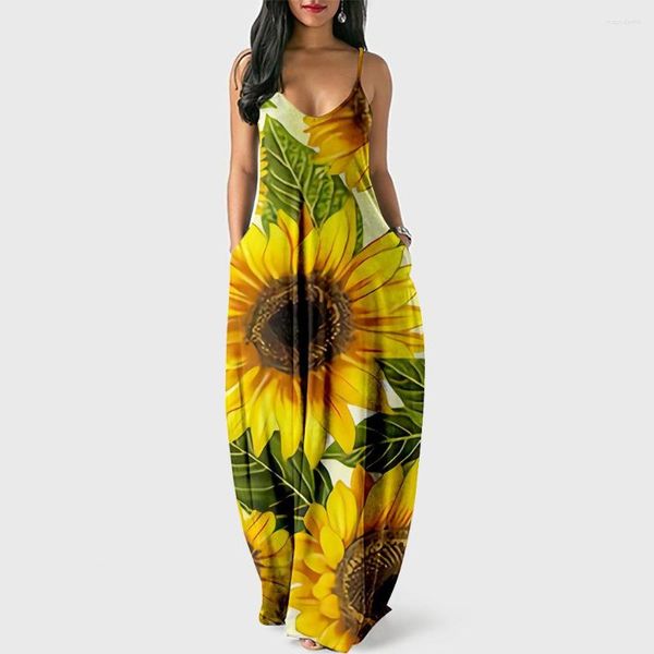 Lässige Kleider Sexy Sonnenblumendruck Frauen Elegantes ärmelloses langes Pulloverkleid Sommer Spaghettiträger Outfits