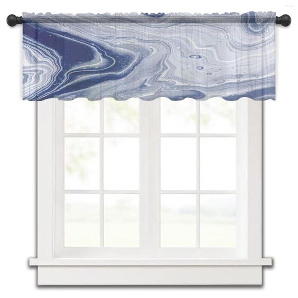 Cortina Mármore Pigmento Azul Marinho Cozinha Janela Pequena Tule Transparente Quarto Curto Sala Decoração para Casa Cortinas Voile