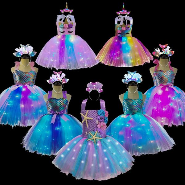 Mädchenkleider Mädchen-Pastellkleider mit LED-Lichtern Kindergeburtstagsparty leuchtendes Kleid Kinder Meerjungfrau-Kostüme Baby Mädchen Regenbogen-Einhorn-Tutu 230801