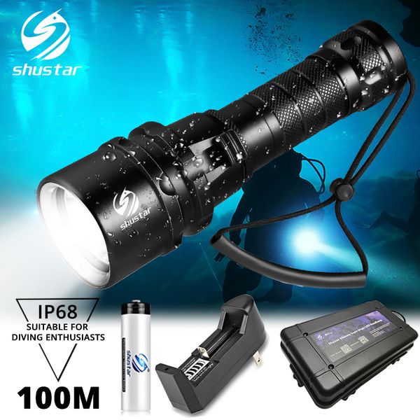 Фонарики Super Bright Diving Flashlight Flashlight IP68 Высокий водонепроницаемый рейтинг Профессиональный дайвинг -светильник с батареей 18650 с ручной веревкой 230801