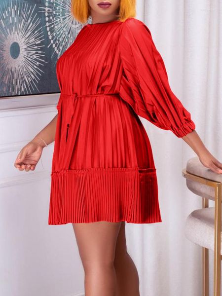 Vestidos Casuais Uma Linha Vestido Mini Plissado Feminino Solto Manga Lanterna Robe Africano Ocasião Formal Vestidos de Verão Grandes Com Cinto Na cintura