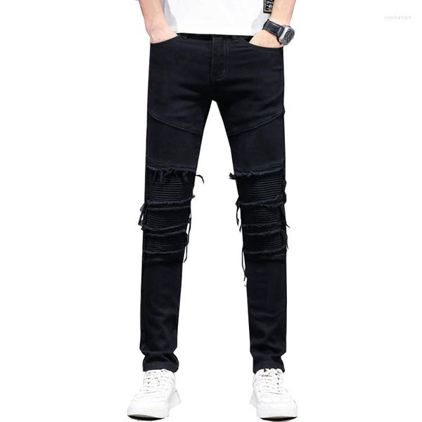 Herren-Jeans, zerrissen, schwarz, Stretch, schmal, Skinny-Fit, plissiert, Designer-Jeans im Distressed-Stil, Hip-Hop, ausgefranst, MotoBiker-Jeans für Jungen