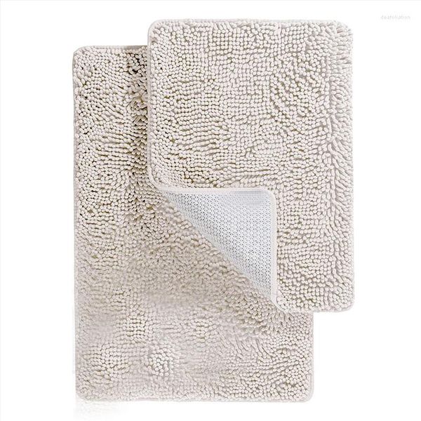 Tapetes de banheiro de 2 peças conjunto de tapetes de banho - tapetes de banho de pelúcia chenille para tapete antiderrapante com revestimento de borracha bege